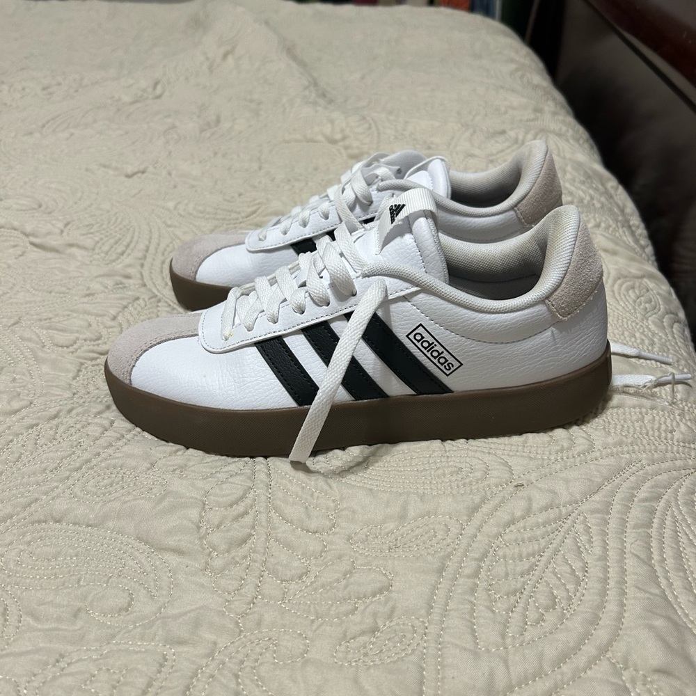 Adidas Men's White and Black Sneakers with Brown Sole